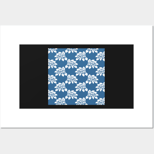 Blue White Tropical Leaf Pattern Posters and Art